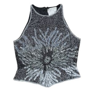 Papell Boutique Black Beaded Halter Camisole with Silver Sequin Sunburst Medium